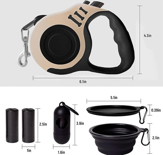 Retractable Dog Leash Automatic Telescopic Tractor Dog Tape, Pet Tape 10/16 FT Durable and Convenient, with Folding Bowl, Dispenser, Rubbish Bags, Suitable for Small and Medium Dogs