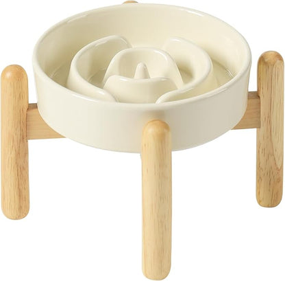 Ceramic 0.9 Cup Raised Dog Slow Feeder Set, Elevated Bowl with Wooden Stand for Small Dog and Cat, 6.1inch Puzzle Slow Dog Food Dish, Anti-Gulping(Light Yellow, Single Bowl+ Stand)