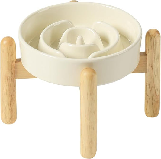 Ceramic 0.9 Cup Raised Dog Slow Feeder Set, Elevated Bowl with Wooden Stand for Small Dog and Cat, 6.1inch Puzzle Slow Dog Food Dish, Anti-Gulping(Light Yellow, Single Bowl+ Stand)