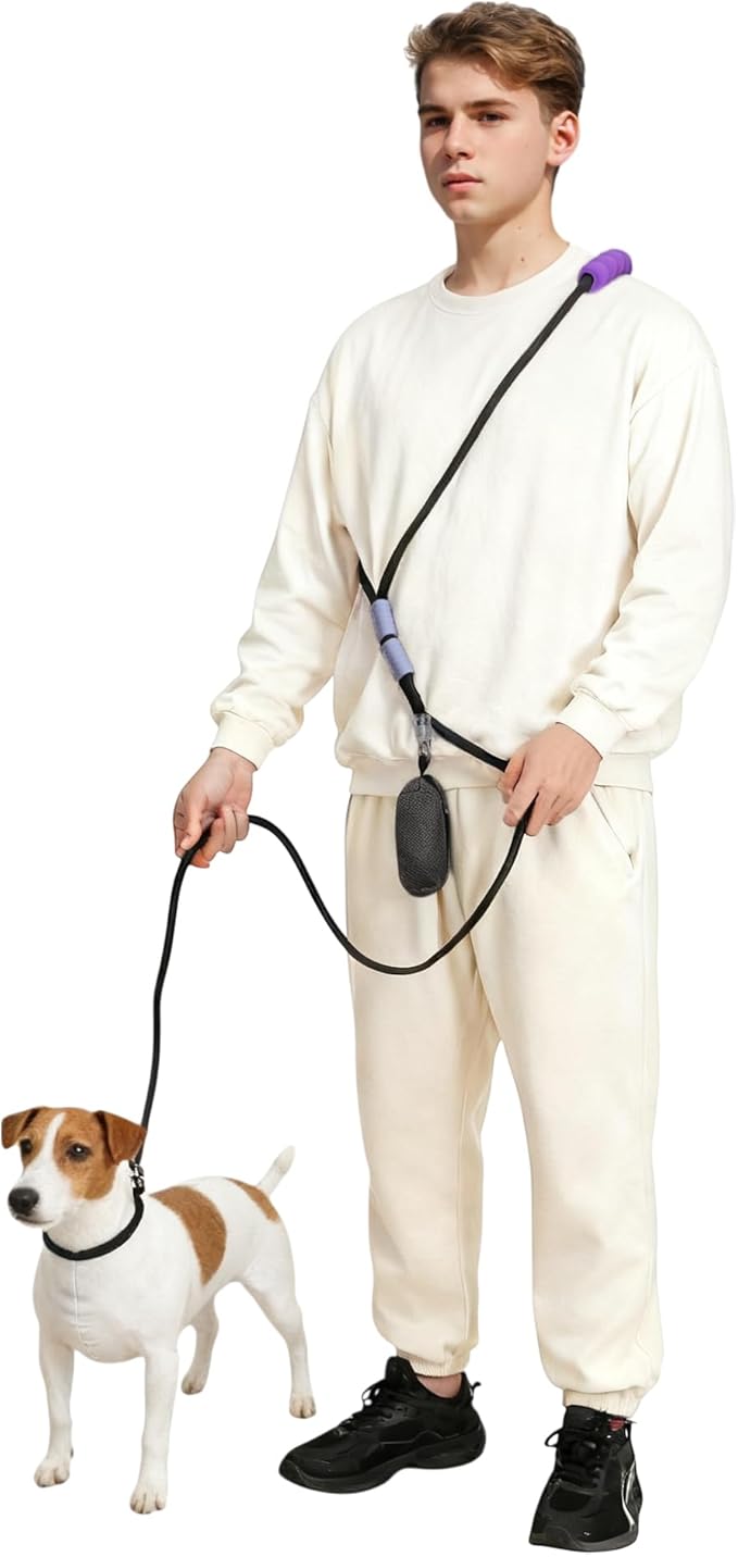Hands Free Dog Leash, Adjustable Waist Leash with Car Seatbelt & Reflective Strips, for Jogging Hiking, Includes Poop Bag Pack, Black Purple