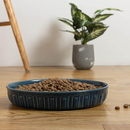 Fun Elements Shallow Dog Bowls, 8" Ceramic Dog Food Plate for Small and Medium Breeds, Non-Slip, Flat and Wide, Dishwasher Safe, Suitable for Puppies and Kittens (Blue)