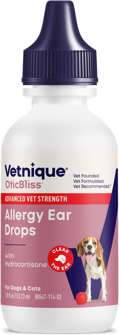Vetnique Oticbliss Cat & Dog Ear Infection Treatment | Dog Ear Allergy Relief Drops, MicroSilver Yeast Infection Treatment for Dogs, Hydrocortisone for Itching, Redness Swelling (Ear Allergy Drops)