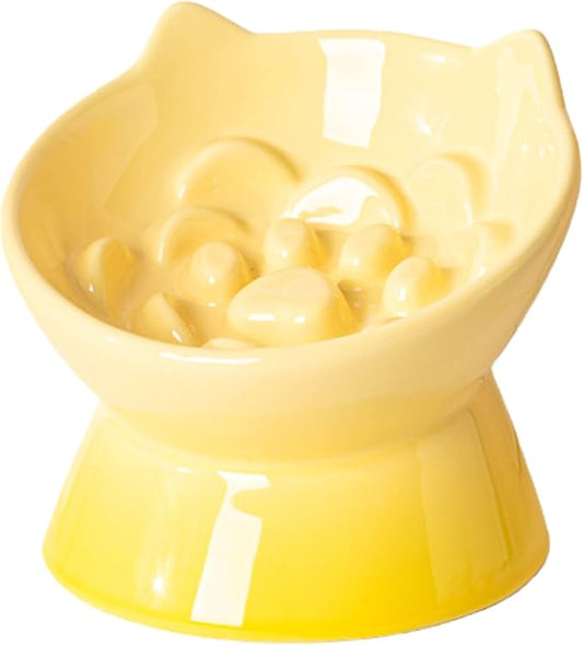Macarons Series Ceramic Slow Feeder Cat Bowl, Raised Puzzle Feeder, Anti Vomiting Cat Slow Feeding, Elevated Food Bowl, Whisker Friendly Pet Bowl with Cute Ear Design (Gradient Yellow)
