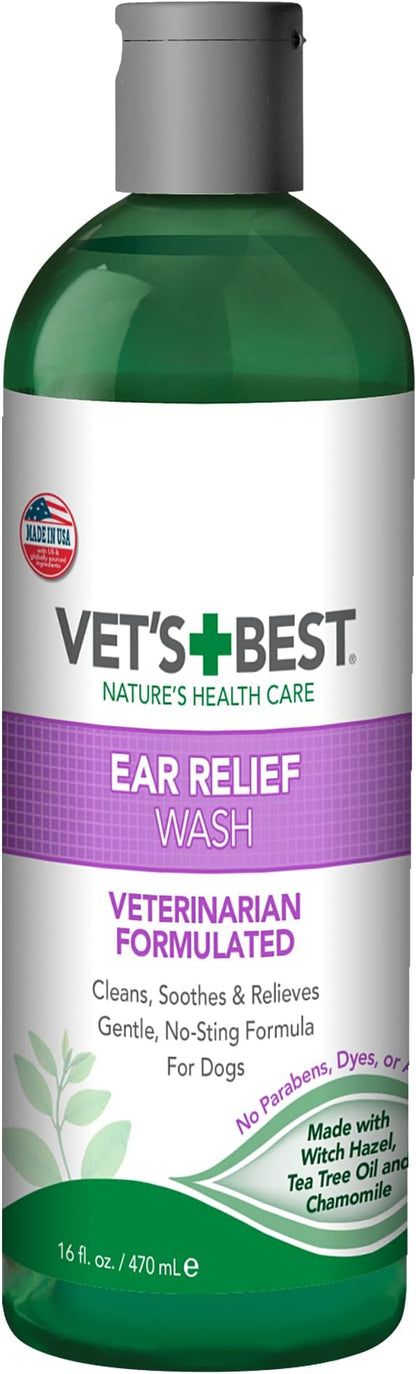 Vet's Best Dog Ear Relief Wash - Alcohol-Free No-Sting Formula - Controls Odors & Itching - Cleans Wax & Debris - 16 Ounces