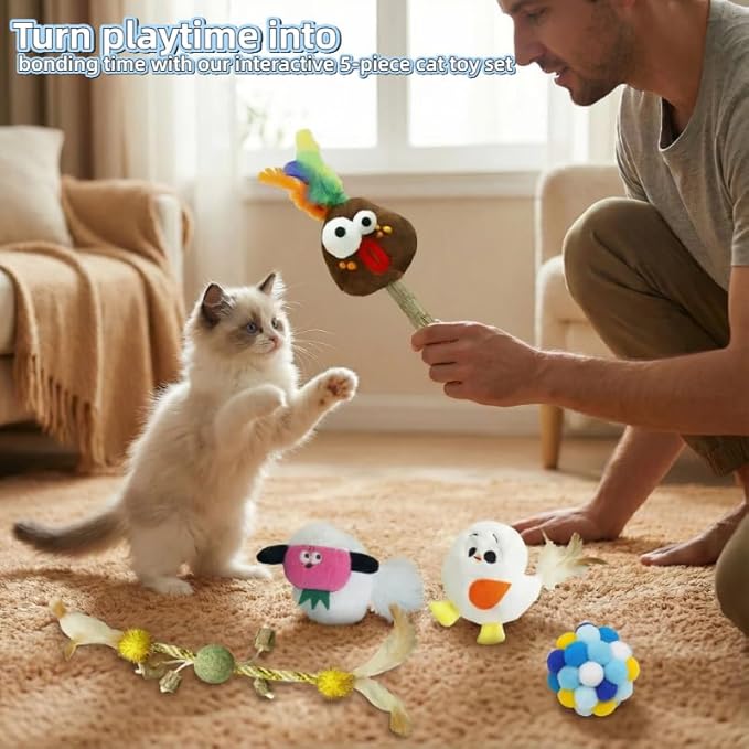 5 Pcs Catnip Toys for Cats, Silvervine Interactive Cat Toy Set with Squeaker & Feathers, Natural Organic Catnip Dental Chew Toys for Kitten Teething, Boredom & Anxiety Relief Plush Set