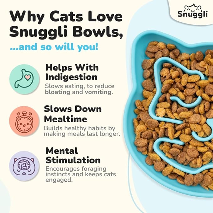 Snuggli Slow Feeder Cat Bowl | Cat Puzzle Feeder for Slow Eating, Mental Enrichment, Digestion, & Bloat Relief | Non-Slip Silicone, Dishwasher Safe, 1 Cup (Lagoon)
