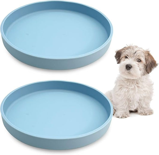 VCEPJH 2 Pack Silicone Dog Plates for Food Shallow Pet Bowl Flat Puppy Food Bowl Whisker Fatigue Cat Feeding Bowls Noiseless Dishes for Dry and Wet Food (Round Blue)