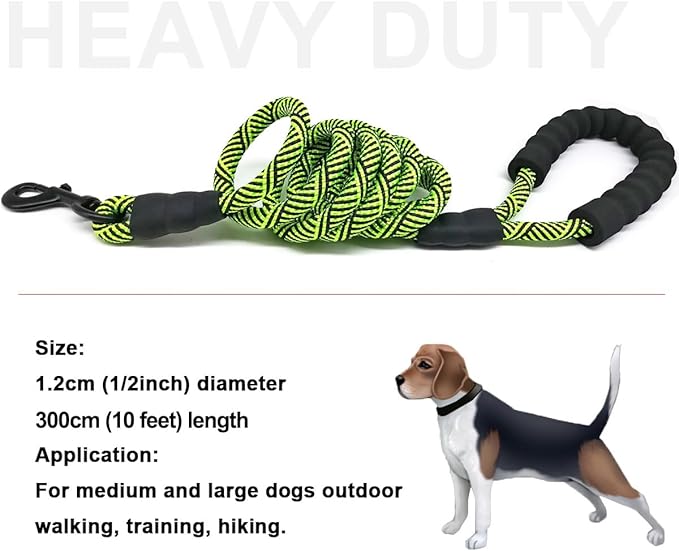 MayPaw Heavy Duty Rope Dog Leash, 3/4/5/6/7/8/10/12/15 FT Nylon Pet Leash, Soft Padded Handle Thick Lead Leashes for Large Medium Dogs (Green Black, 1/2" * 10')