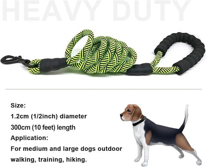 MayPaw Heavy Duty Rope Dog Leash, 3/4/5/6/7/8/10/12/15 FT Nylon Pet Leash, Soft Padded Handle Thick Lead Leashes for Large Medium Dogs (Green Black, 1/2" * 10')