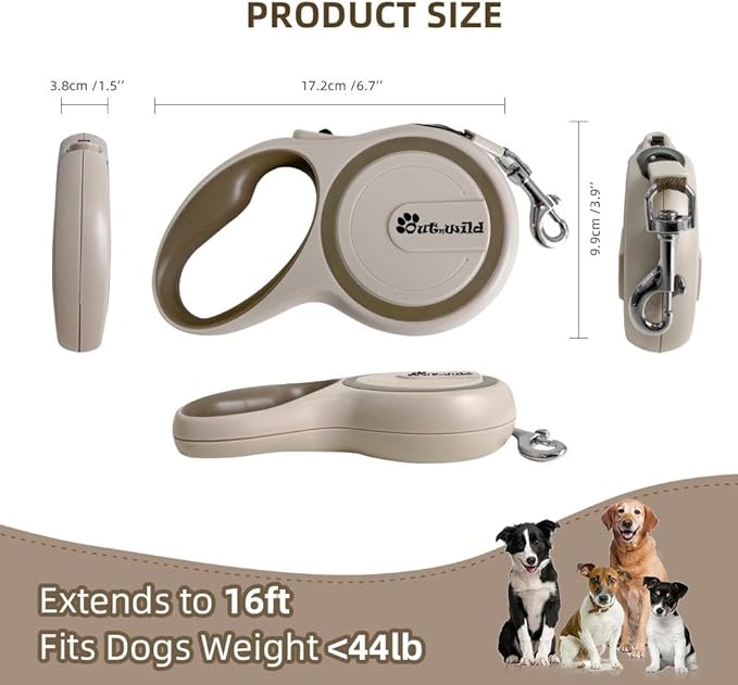 OUTnWILD Retractable Dog Leash - Retractable Dog Leash 16ft for Small/Medium Breeds/Pets Up to 44lbs. 360° Tangle Free Design with One Touch Quick-Lock Braking System&Anti-Slip Handle. (Khaki, M)