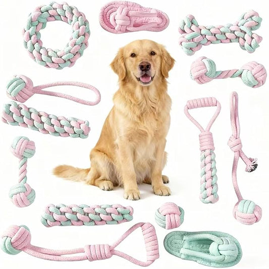 12 Pack Dog Rope Toys for Large Dogs, Durable Dog Chew Toys for Aggressive Chewers - Pink & Green Tug of War Dog Toy, 13 Inch Big Dog Toys for Chewing, Tugging & Teeth Cleaning