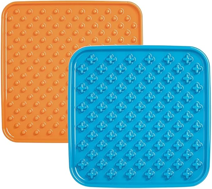 LE TAUCI PET Slow Feeder Dog Bowl, 7.5 Inch Lick Mat for Medium and Large Breed, Anxiety Relief Licking Mat, Puzzle Feeder for Peanut Butter, Treats, Pet Enrichment Toys, Set of 2, Blue and Orange