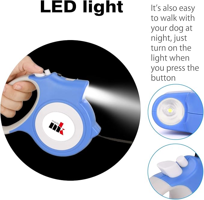 Retractable Dog Leash with LED Light Makife 5m Extendable Dog Lead for Small Medium Puppis up to 25kgs, One-Hand Brake & Lock System, Ergonomic Handle - Blue