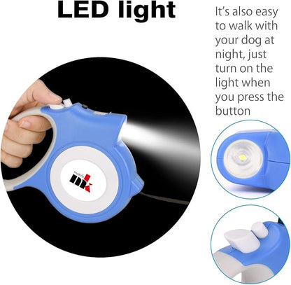 Retractable Dog Leash with LED Light Makife 5m Extendable Dog Lead for Small Medium Puppis up to 25kgs, One-Hand Brake & Lock System, Ergonomic Handle - Blue