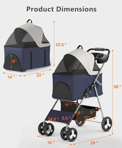 Pet Stroller with 4 Wheels for Small/Medium Pets,Travel Foldable Detachable Carrier for Dog Cat Cage Jogger Stroller, Rear Wheel Breaks, Storage Basket, Visible Mesh Weather Cover (Navy Blue)