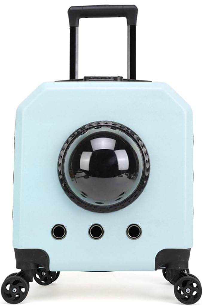 Double Compartment Pet Luggage with Wheels Cat Dog, Telescoping Handle Breathable Transparent Cover for Small and Medium Animals (Blue)