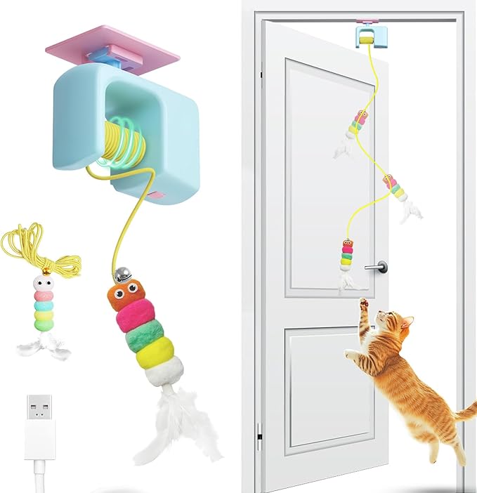 Interactive Cat Toys for Indoor Cats, Automatic Hanging Door Feather Toy Wand Chase Exercise Enrichment Stimulation Self Play for Bored Adult & Kitten Cats
