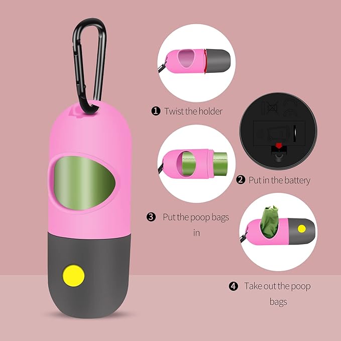 2 Pack Dog Poop Bag Dispenser with Built-in LED Flashlight, Pet Waste Bag Holder for Leash with Carabiner Clip for Lead Leash, 2 Rolls Leak-proof Doggy Waste Bags for Dog Walking, Pink, Eliamo