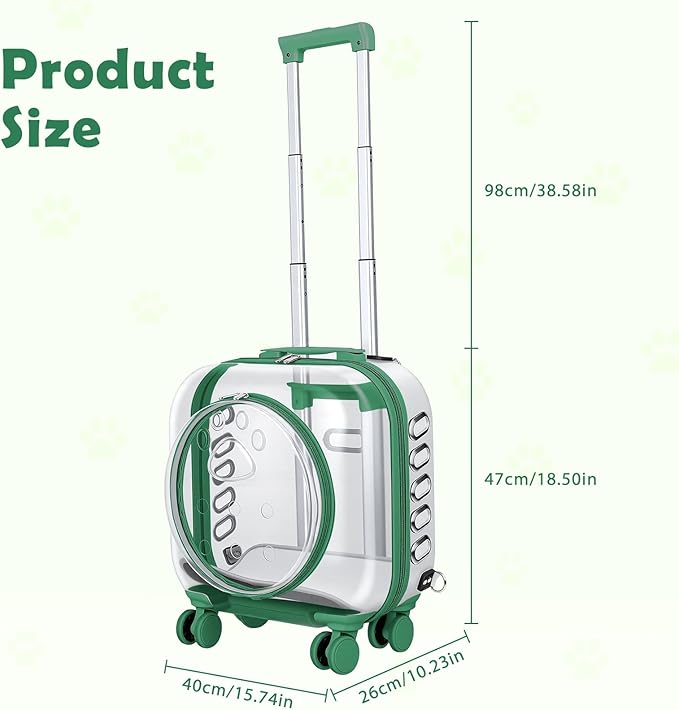 Pet Carrier with Wheels for Cats and Dogs, Clear Hard-Shell Rolling Pet Carrier with Retractable Handle, Airline-Approved Travel Carrier, Portable Cat and Dog Stroller (Green)