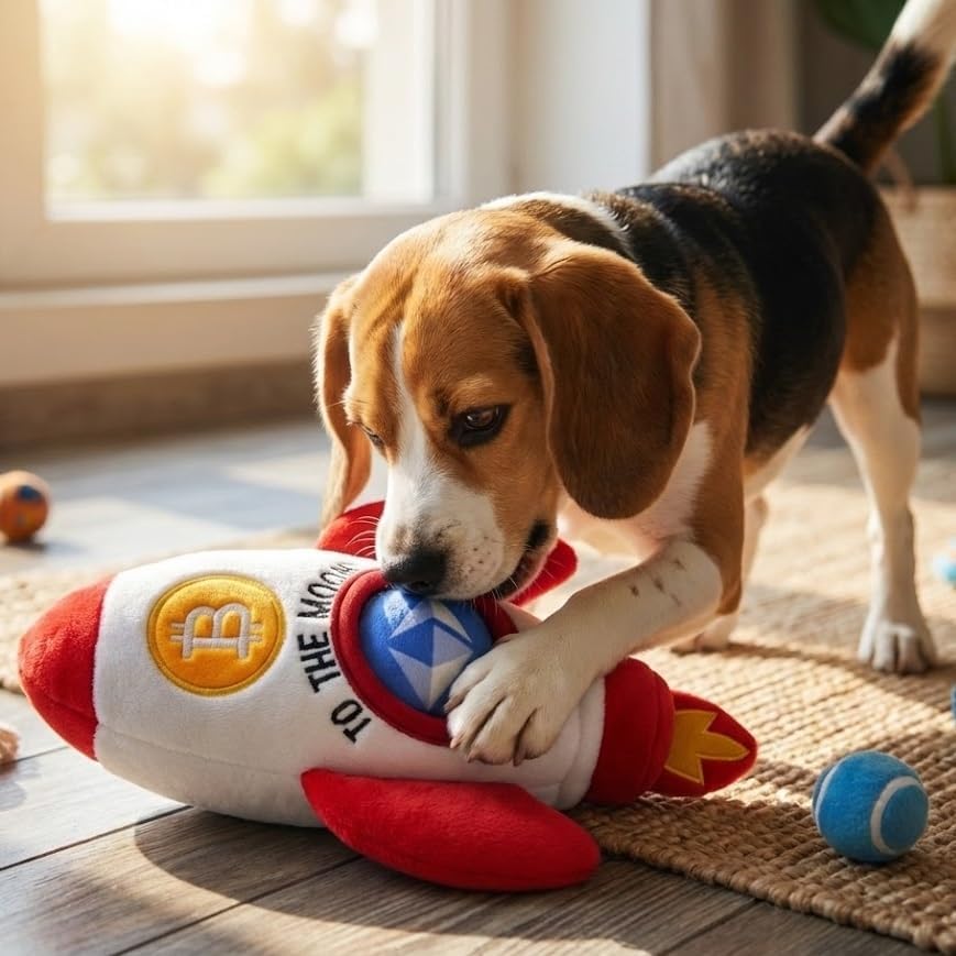 MODERN WAVE - Squeaky Plush Dog Toy Bitcoin Crypto - Interactive Hide and Seek Squirrel Type Puzzle Toy for Dogs, Small - Medium Size (Rocket and Coins) - Image 6