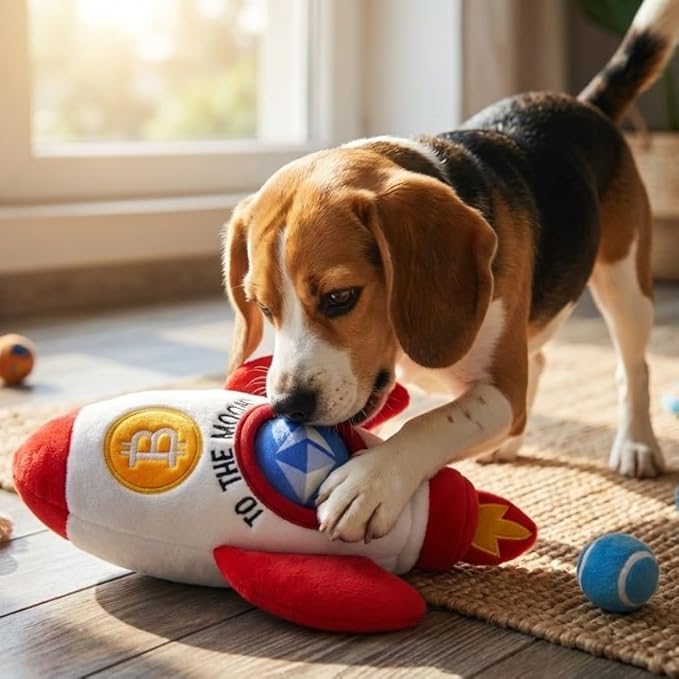 MODERN WAVE - Squeaky Plush Dog Toy Bitcoin Crypto - Interactive Hide and Seek Squirrel Type Puzzle Toy for Dogs, Small - Medium Size (Rocket and Coins)