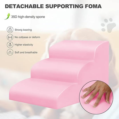 Pet Stairs, 3-Steps Dog Stairs, Removable and Washable Dog Stairs with Slope Steps and Non-Slip Bottom, Soft and Comfortable Dog Ramp(Pink-Bones)