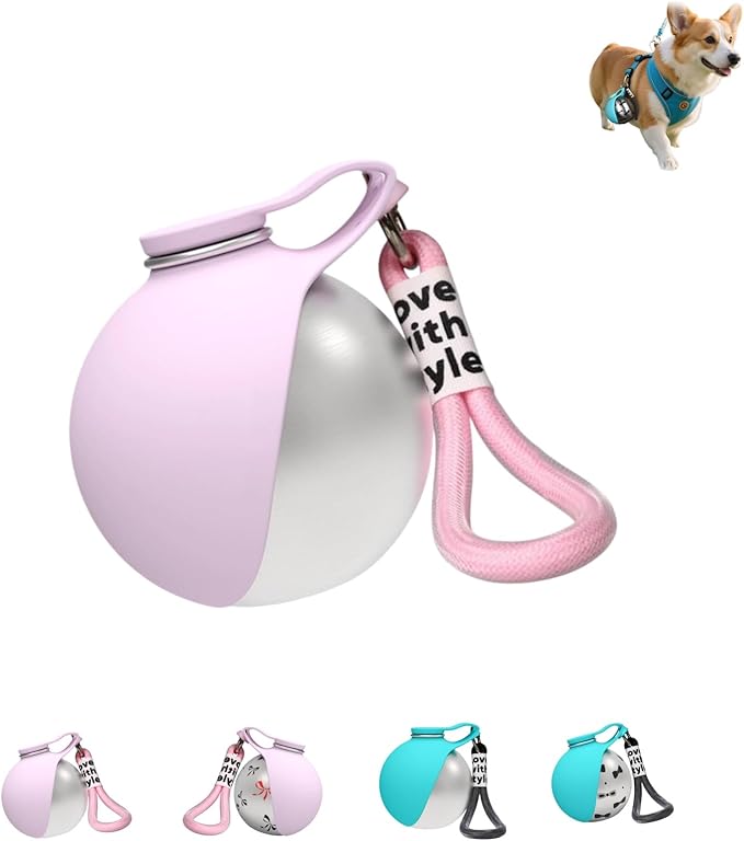 Ball-Shaped Dog Water Bottle, Stainless Steel Portable Pet Waterer with Food-Grade Foldable Silicone Bowl, Leak-Proof & Lightweight Puppy Drinking Flask for Walking, Hiking (A)