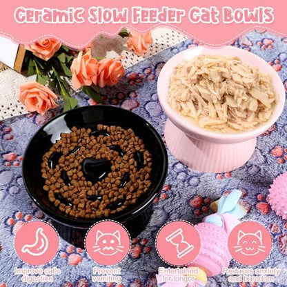 Tioncy 2 Pcs Ceramic Elevated Slow Feeder Cat Bowl, Black, Pink - Image 4