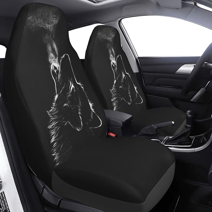 Foruidea Black 3D Wolf Car Seat Covers Universal 2 Pcs Auto Front Seat Cover Fit Most Cars,SUV,Sedan,Trucks