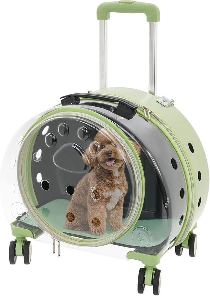 Transparent Bubble Pet Carrier with Wheels, Breathable Cat Dog Travel Carrier with 3-Stage Handle & Removable Strap, Portable Trolley Case with Ventilation for Small Dogs & Cats (Green)