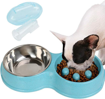 Double Pet Slow Feeder Bowl,Stainless Steel Anti-Choke Puppy Food and Water Feeder with Pet Finger Toothbrush for Small Medium Dog Cats Healthy Care and Adjust Weight