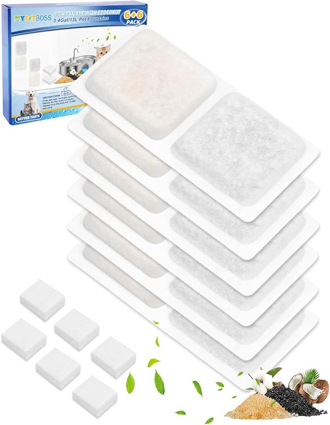 Pet Water Fountain Replacement Filters Compatible with ECOCONUT 3.4Gal/13L Large Dog Water Fountain, Carbon and Sponge Filters for Pet Fountain Water Bowl, Filtered Dog Water Bowl (6 Pack)