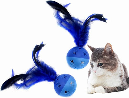 BeeSpring Cat Balls Interactive Cat Toy Feather Balls with Loud Bell Inside (2Pcs Blue)