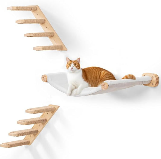 Cat Stairs Hammock Set of 3 – Cat Wall Shelves with 1 Floating Fabric Hammock, 2 Wall Ladders with 4 Steps Each