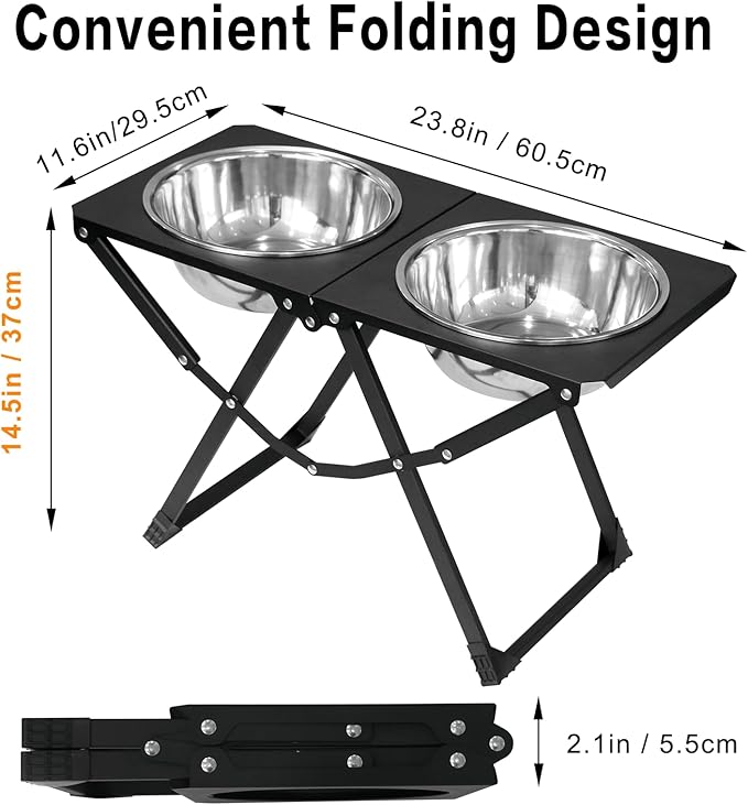 Foldable Elevated Dog Bowl Holder with 2 Large 111oz Stainless Steel Bowls, 14.5" Tall Raised Dog Bowl Stand for Large/Extra Large Breeds, Indoor and Outdoor Use