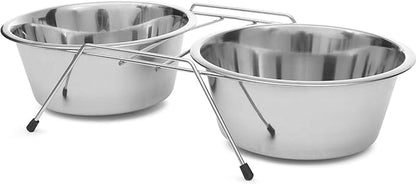 Jeffers Pet Low Profile Stainless Steel Double Diner Pet Bowls with Non-Skid Frame – Dog Bowls & Cat Bowls for Food, Water, Milk, Wet or Dry Pet Food, Puppy, Kitten Feeding Station Set - 32 oz
