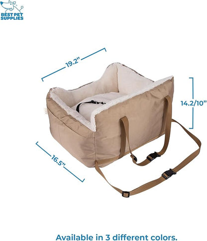 Best Pet Supplies Elevated Dog Car Seat for Small Dogs, Booster Seat with Safety Tether & Storage, Washable Travel Pet Seat for Front or Back Seat, Up to 25 lbs - Brown - 21 x 20 x 14