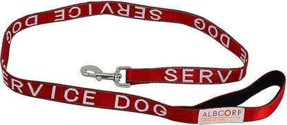 Albcorp Service Dog Leash - Embroidered- with Padded Neoprene Handle and Reflective threads, 4 Feet, for Harnesses, Vests or Collars, Red