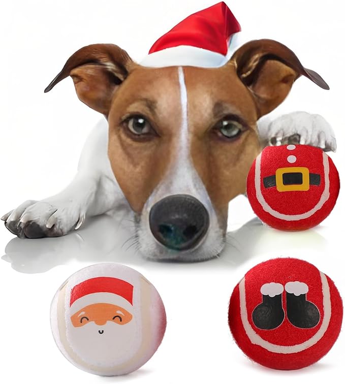 LUCKITTY 3 Packs Christmas Dog Tennis Balls Interactive Toy Puppy for Small Medium Dogs Training Playing- Santa Claus Patterns 2.5 Inch