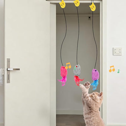 3Pcs Flying Mouse Cat Toys, Interactive Chirping Mouse Cats Feather Toys Hanging Cat String Toy for Bored Kittens Adult Multi Households