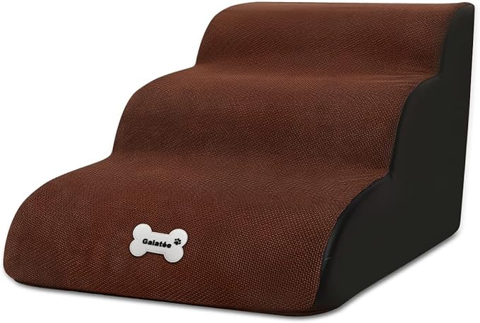 Pet Stairs, Washable & Zippered Cover Removable Pet Ramp, High Density Sponge Dog Stairs(3 Tiers Pet Stair, Brown)