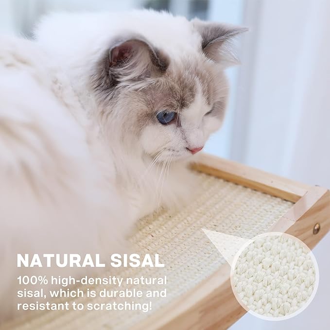 Pecute Cat Window Perch Sisal Scratcher 2 in 1, Cat Hammock for Window Seat with Solid Wood Frame, Iron Bracket, and Heavy Duty Suction Cups, Cat Perch Holds Cats Up to 30lbs
