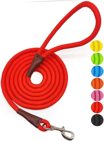 MayPaw 4/6 /8/10 FT Dog Leash, Classic Solid Colors, Strong Nylon Rope Dog Leash Reinforced with Leather Tailor Connection Heavy Duty Silver Clasp (red, 8ft*1/2")