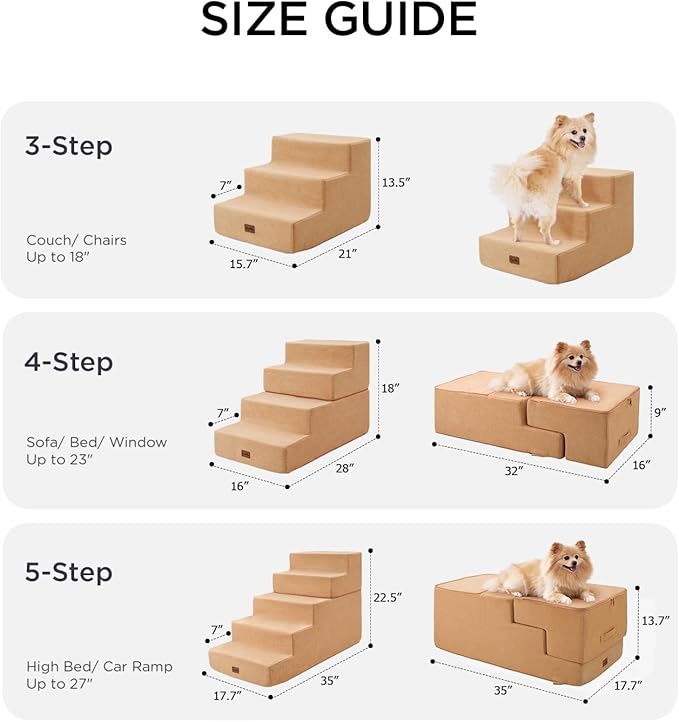 Made4Pets Dog Steps for Bed, Extra Wide Dog Stairs for High Bed Couch Sofa, 35D Foam Pet Steps for Small Dogs and Cats(Up to 40lbs), Non-Slip Bottom Pet Stairs, Tan, 4 Steps