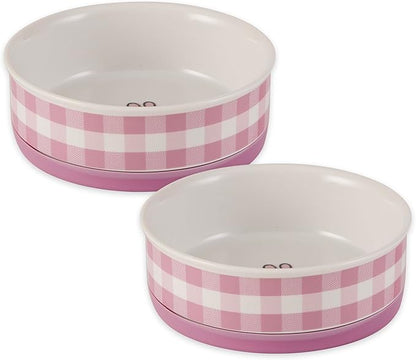 Bone Dry Ceramic Food Bowls, Non-Slip & Dishwasher Safe, Medium Set, 6x2 Pansy Check