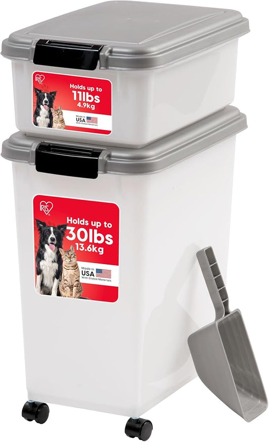 IRIS USA 30 lbs & 11 lbs Combo Airtight Dog Food Storage Container, Stackable Treat Box, 2-Cup Scoop, Wheels, Keep Fresh, Easy Mobility, Silver