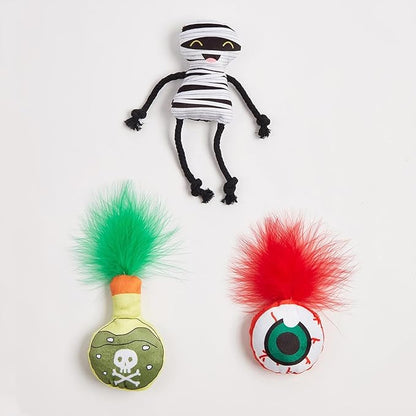 Catnip Toys for Indoor Cats – 3-Pack Halloween Plush Cat Interactive Toys with Mummy, Feather Eyeball, and Potion Bottle Designs