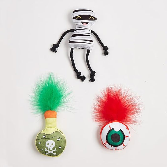 Catnip Toys for Indoor Cats – 3-Pack Halloween Plush Cat Interactive Toys with Mummy, Feather Eyeball, and Potion Bottle Designs