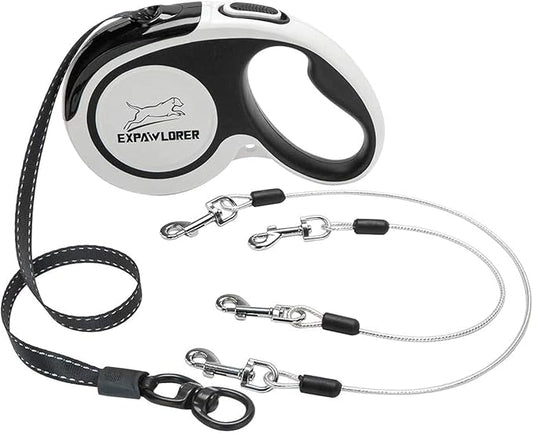 EXPAWLORER Retractable Double Dog Leash - Chew Proof, 2 No Tangle Strong Wire Ropes, 16 ft Heavy Duty Walk Leash for Medium & Large Dogs (Black & White)