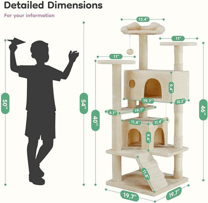 DUMOS 54-inch Indoor Cat Tree Tower –Multi-Level Pet House for Large Cats with 2 Condos, Scratching Posts, Round Platform, Small Ladder, and Toys, Beige